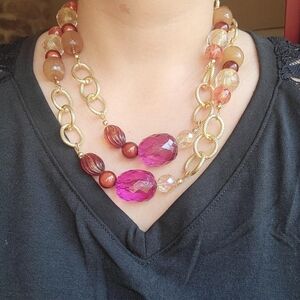 Vintage Gold Pink Beaded Layer Statement Necklace